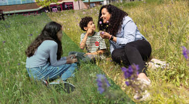 Groep kinderen en volwassene bij zonnebloemen, aandacht voor plant.