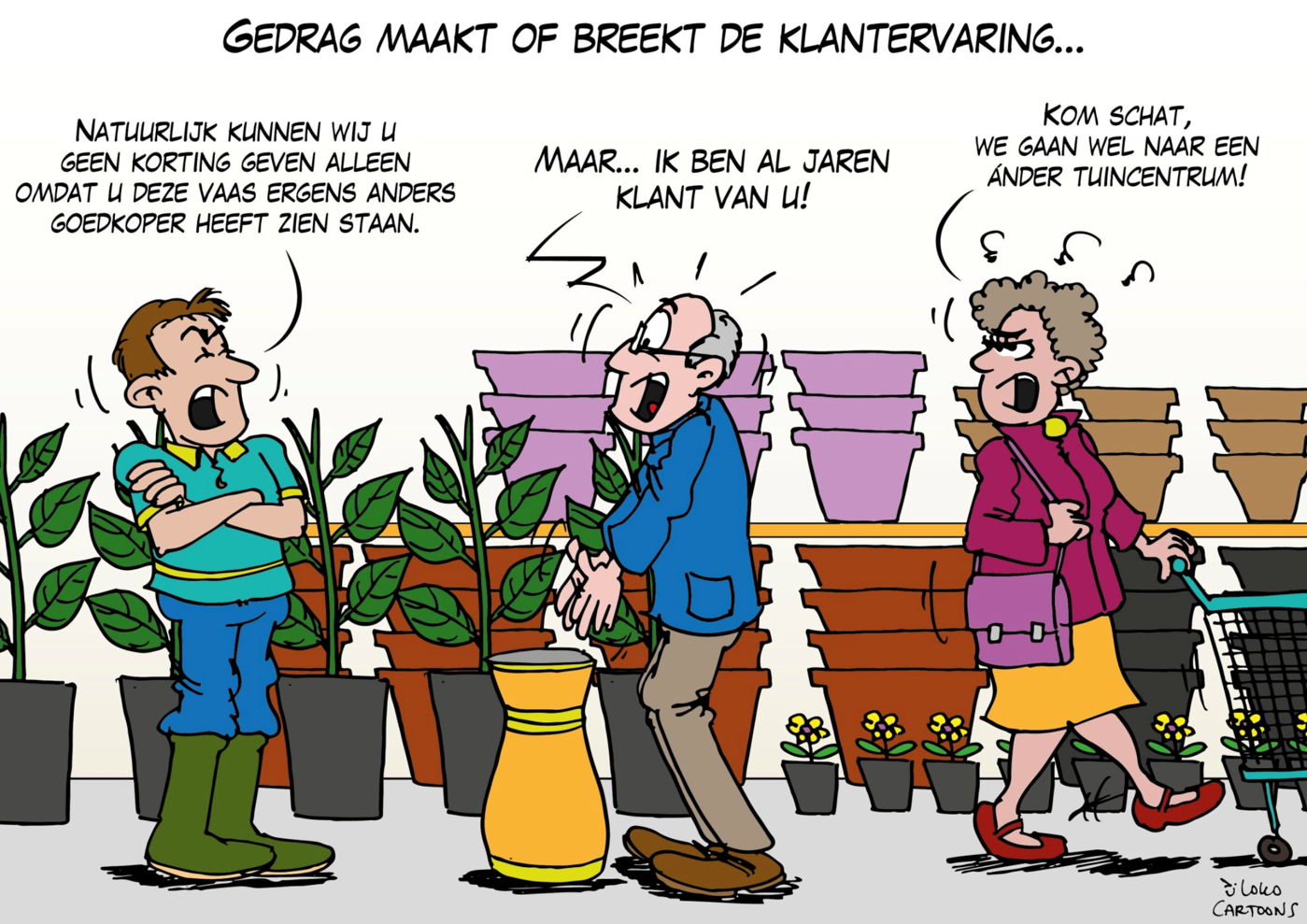 Cartoon over communicatie hoveniers en klantcommunicatie in een tuincentrum.