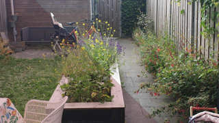 Stadstuin met bloeiende bloemen, fietsen en houten omheining