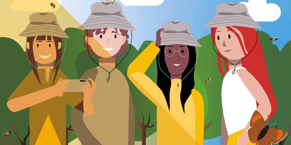 Illustratie van vier personen met hoeden in een natuurgebied, omringd door bomen, bijen en vlinders.