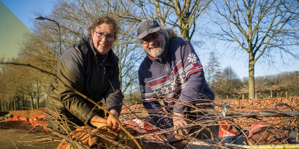 Twee personen leggen jonge bomen op een aanhanger in een buitenomgeving met kale bomen