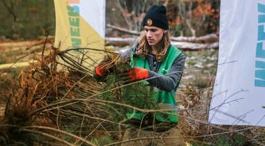 Vrijwilliger in het bos tijdens Meer Bomen Nu-actie.